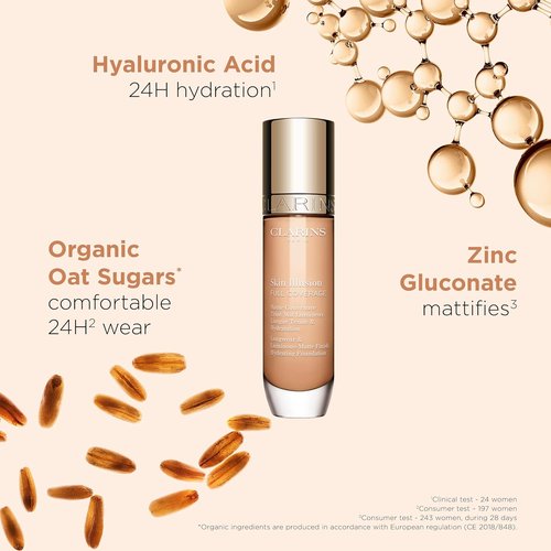 Clarins Skin Illusion Foundation - Longwear Full Coverage with Luminous Matte Finish | 24H Hydration | 1 Fl Oz