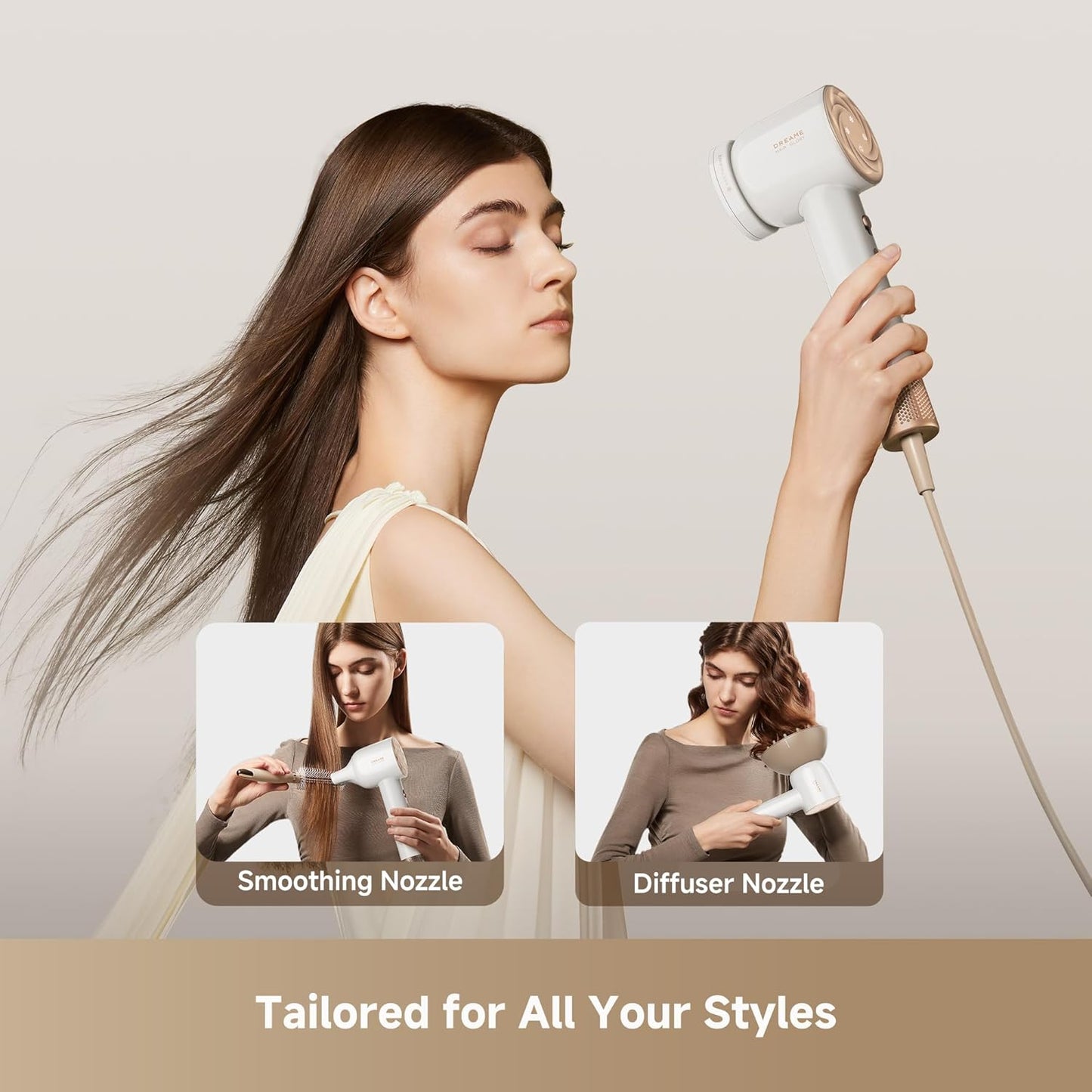 Dreame Glory Mix High-Speed Hair Dryer - Dual Voltage, 3 Magnetic Nozzles, Lightweight White Design