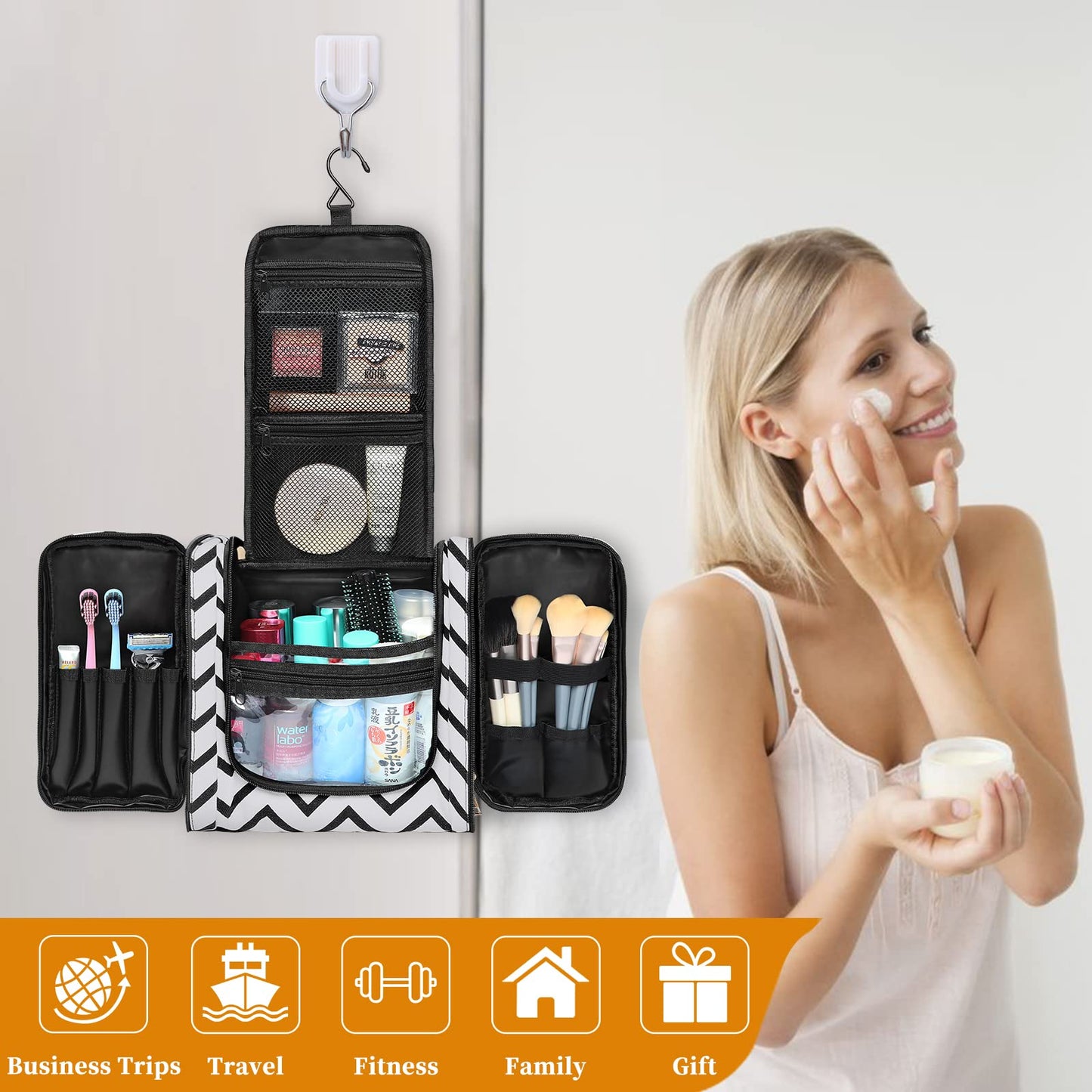 Toiletry Bag for Women, Water-Resistant Travel Makeup Organizer with Hanging Hook- Large Travel Toiletry Bag, Makeup Bag for Cosmetic, Full Size Containers, Brushes, Portable Shower Bag Christmas Gift