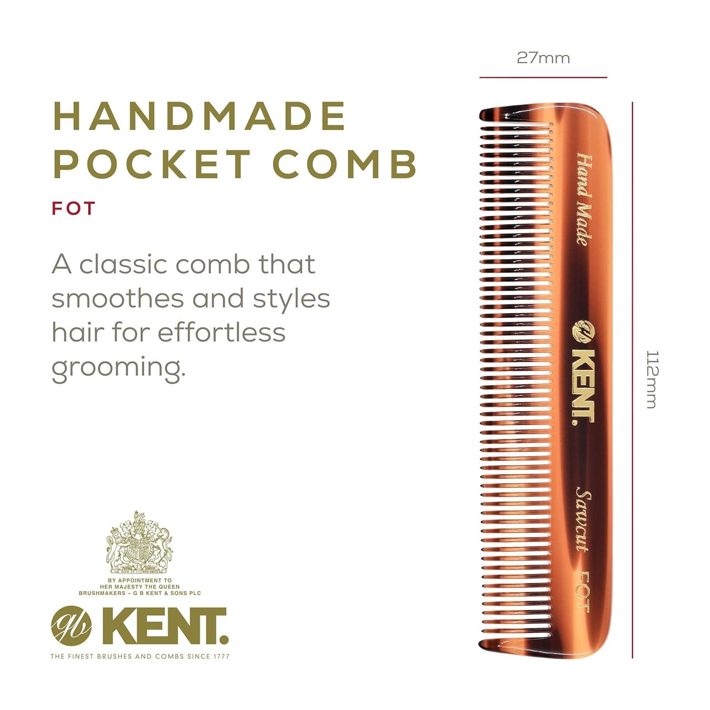 Kent A FOT Tortoiseshell Pocket Comb - Handmade Fine Tooth Hair Comb for Men, Women & Kids | Grooming & Styling Tool