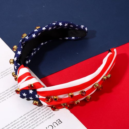 4th of July Headband American Flag Crystal Star Knottted Headband for Women Fourth of July Patriotic Headband Headpiece Red White and Blue Stripe Top Knot Wide Hairband Party Favor Gift (red white