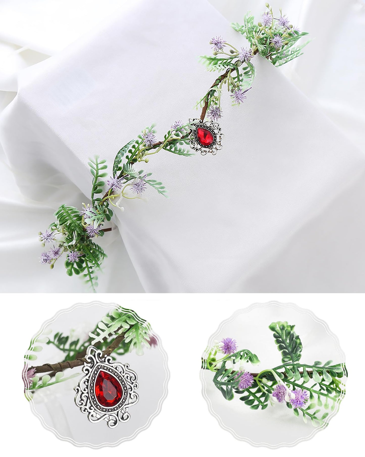 3 Pcs Fairy Leaf Rhinestone Headband - Handmade Elf Princess Headpiece Forest Wedding Flower Crown for Women Girls Halloween Cosplay Costume Hair Accessories, Purple