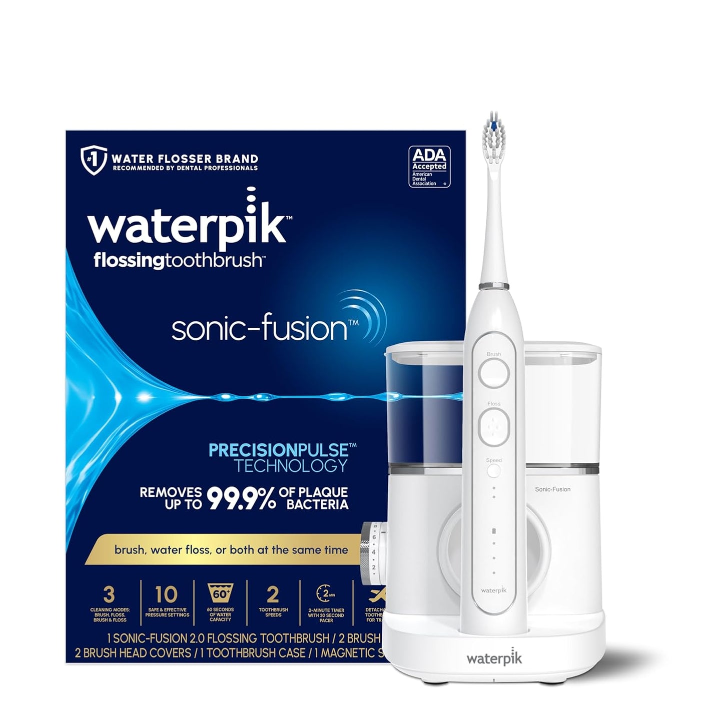 Waterpik Sonic-Fusion 2.0 Electric Toothbrush & Water Flosser Combo - Daily Gum Care & Teeth Cleaning, White