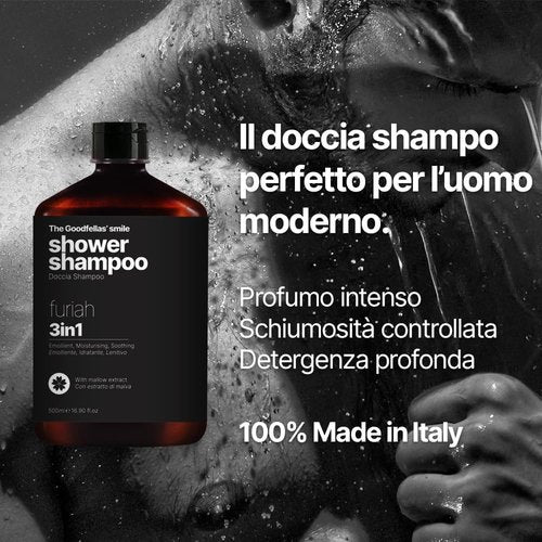 Goodfellas Smile FURIAH 3-in-1 Shower Shampoo - Bold Leather & Wood Scent | Body Wash & Hair Cleanser for Men | Hydrating & Refreshing | Made in Italy