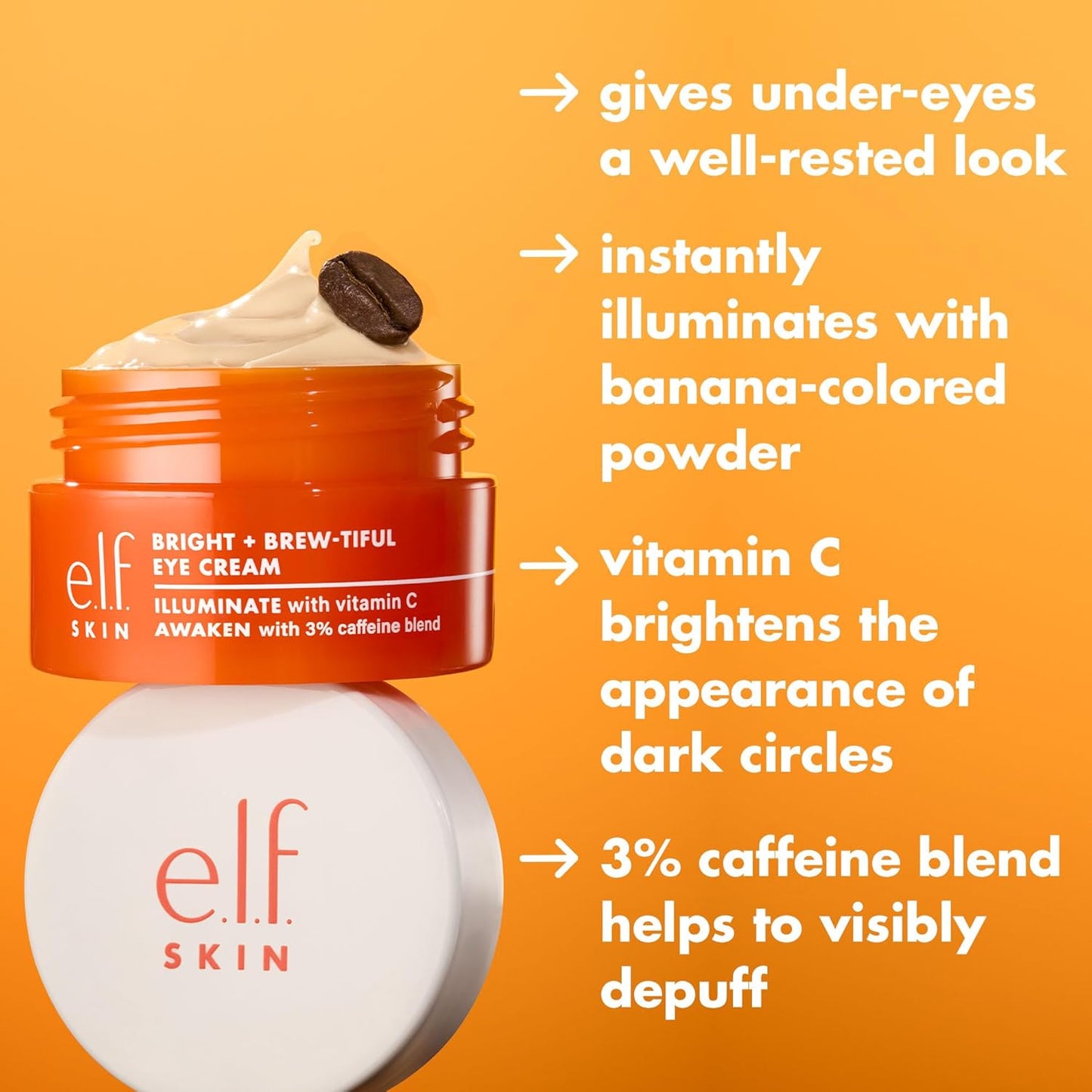 e.l.f. SKIN Bright + Brew-tiful Eye Cream Mini - Brightens Undereye Dark Circles & Reduces Puffiness, Vegan