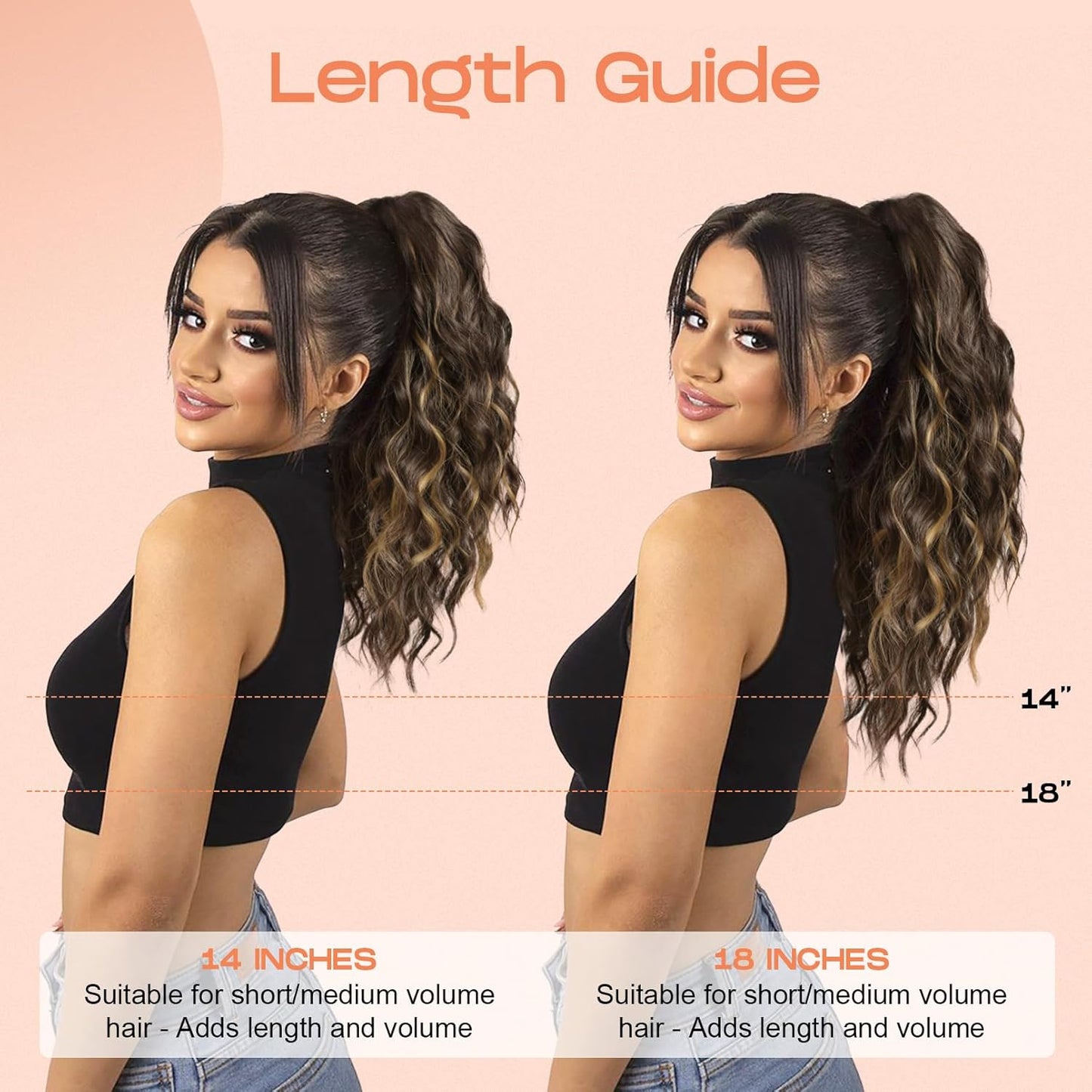 SEIKEA 14" Ponytail Extension Claw, PT002 Tia Long Multi Layered Fluffy Thick Wavy Curly Clip in Hair Extensions Ponytail Natural Soft Synthetic Hairpiece Dark Chestnut Brown with Golden Highlights