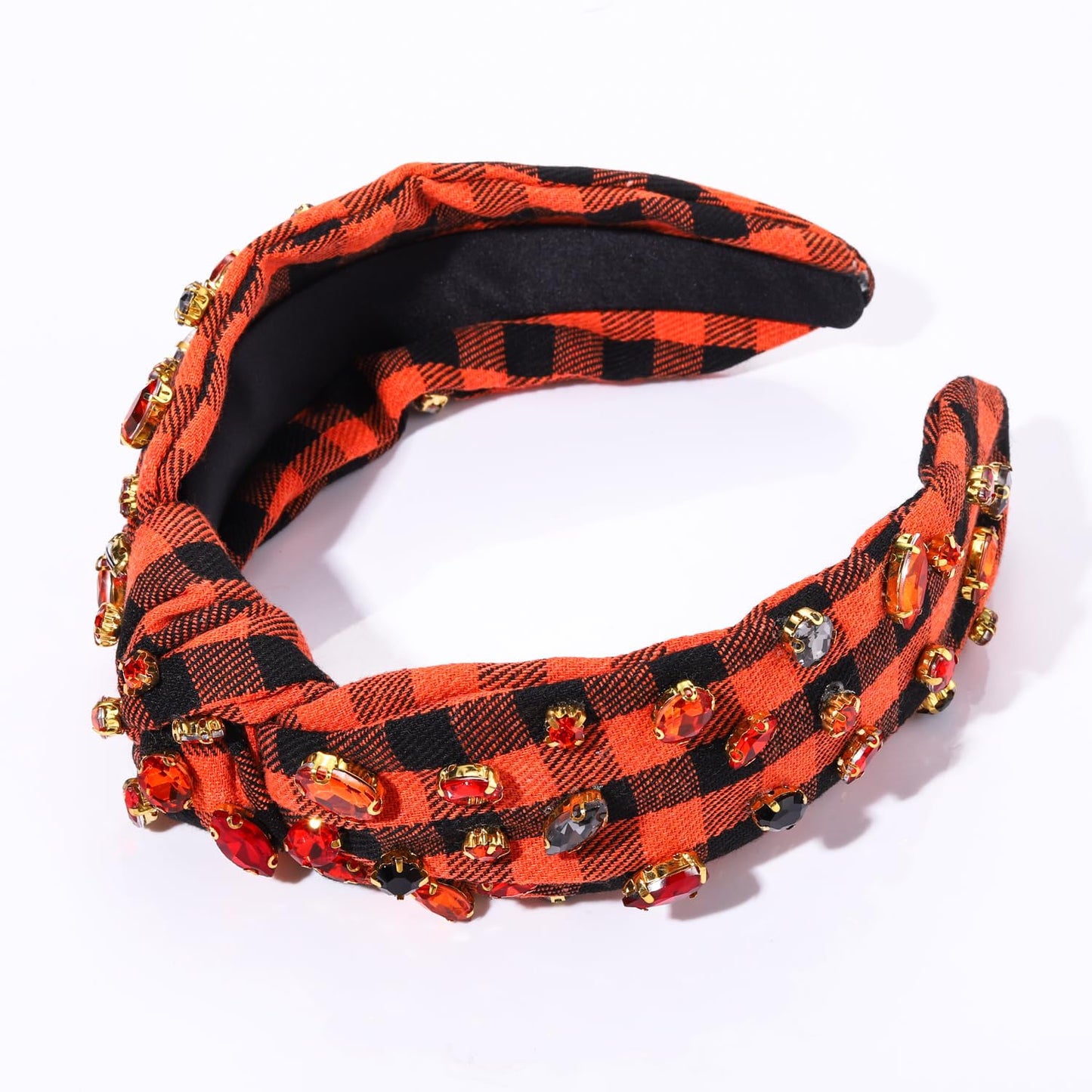 Halloween Headband for Women Rhinestone Crystal Knotted Headband Embellished Orange Black Plaid Top Knot Headband Gothic Spooky Halloween Hair Accessories Outfits Costume Party Gifts (Halloween 1)