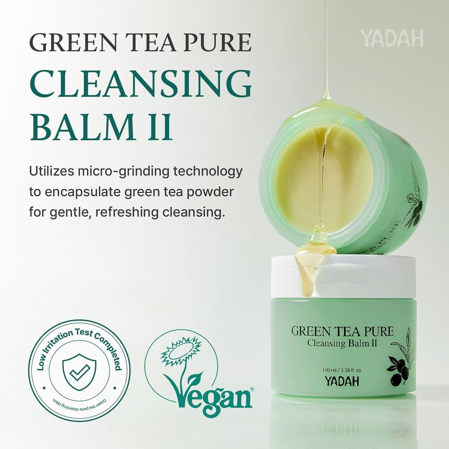 YADAH Green Tea Matcha Sorbet Cleansing Balm - Gentle Makeup Remover for Sensitive Skin | 3.38 fl oz, Vegan