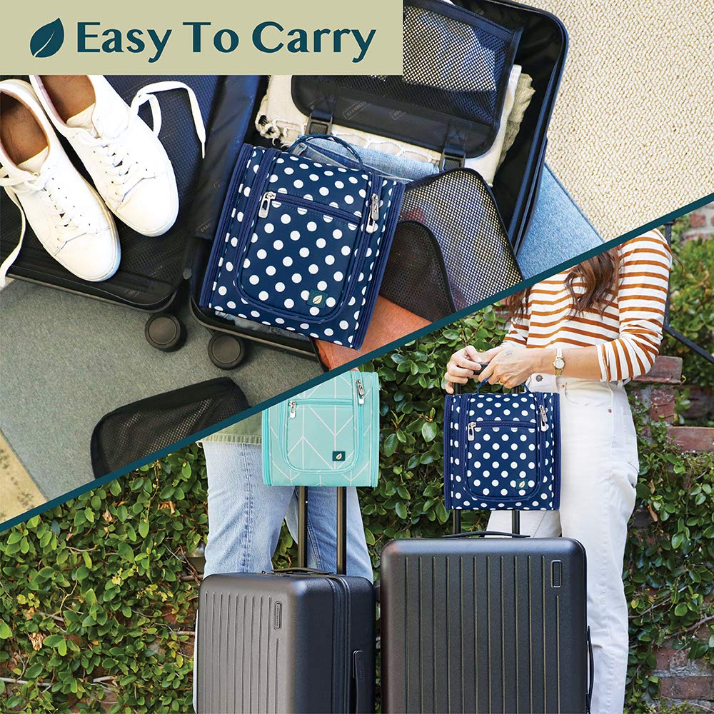 PAVILIA Toiletry Bag Travel Bag for Women Men, Hanging Cosmetic Organizer, Water Resistant Makeup Bag for Accessories Toiletries, Large Travel Essentials Kit (Navy Polka Dot)