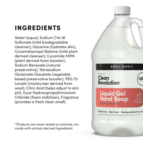 Clean Revolution Liquid Gel Hand Soap, Silky Rich Liquid, Quick Lather, Fast Rinsing, Contains Real Essential Oils (Geranium Mint) 128 Fl Oz