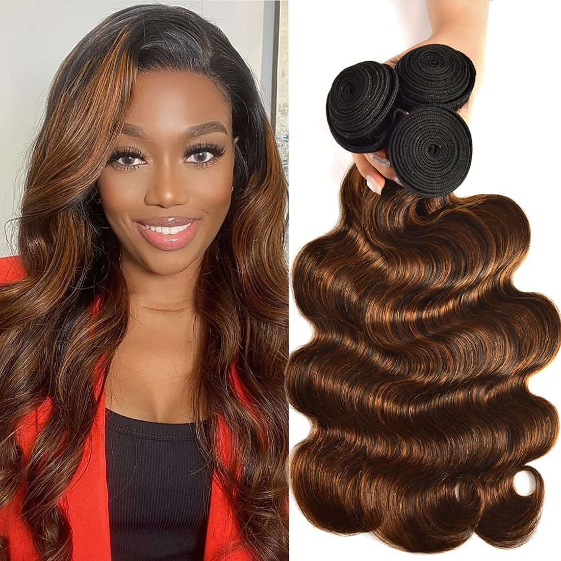 UNICE Brown Highlight Body Wave Human Hair 3 Bundles with 4x4 lace closure, Brazilian Remy Hair Ombre Human Hair Wavy Weaves FB30 Color 14 14 14+14 Closure