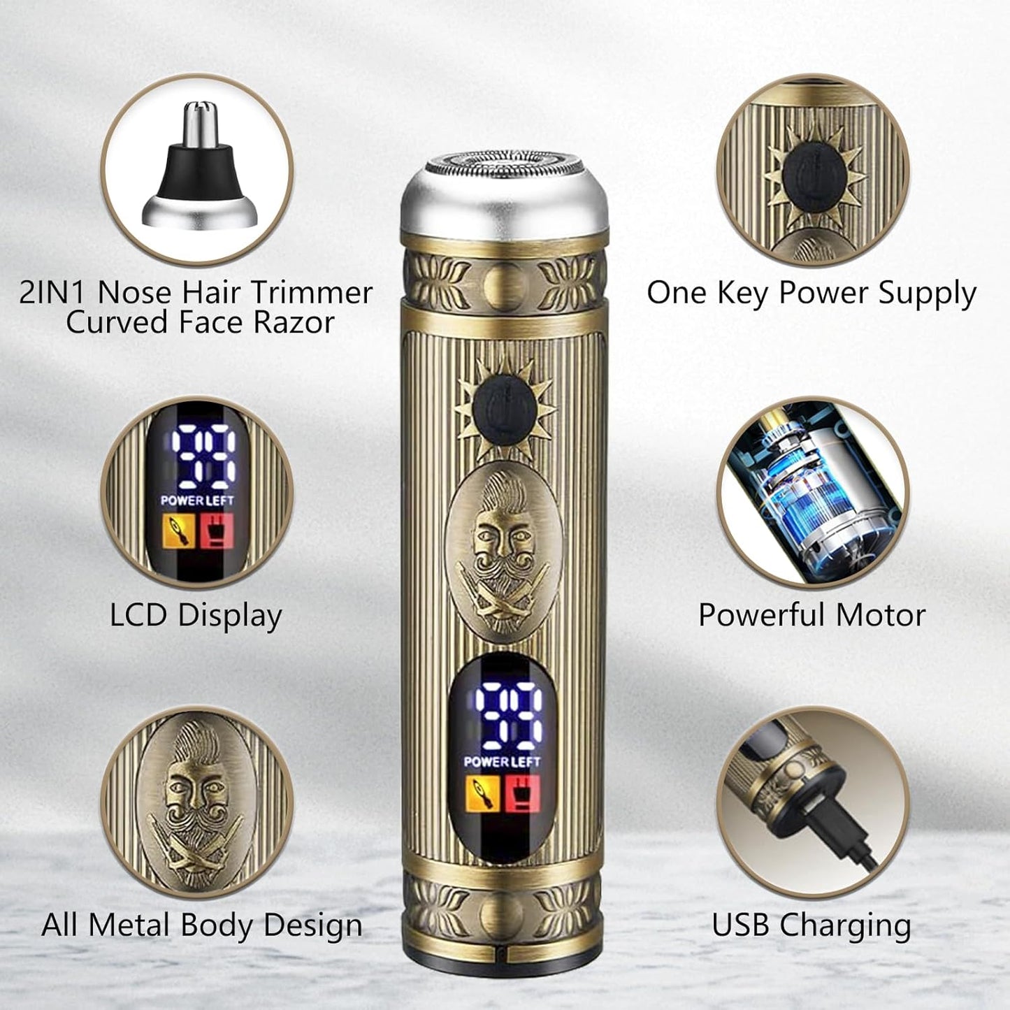 Soonsell Men's Professional Hair Clippers & Trimmer Set - T-Blade, Nose Trimmer, Foil Shaver, LCD Display (Bronze)