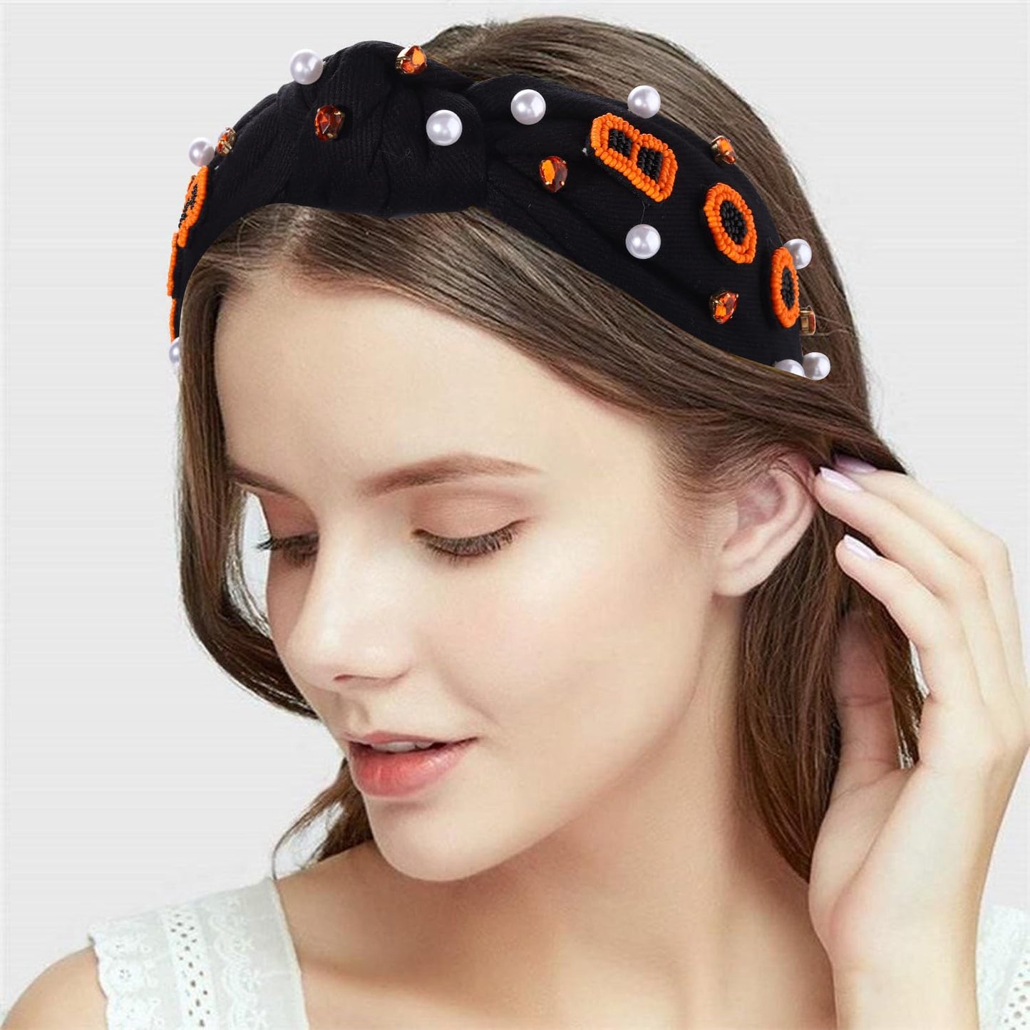 Women's Beaded Embellished Rhinestone Pearl Top Knot Hair Accessory for Halloween Costume Party (Orange Boo Headband)