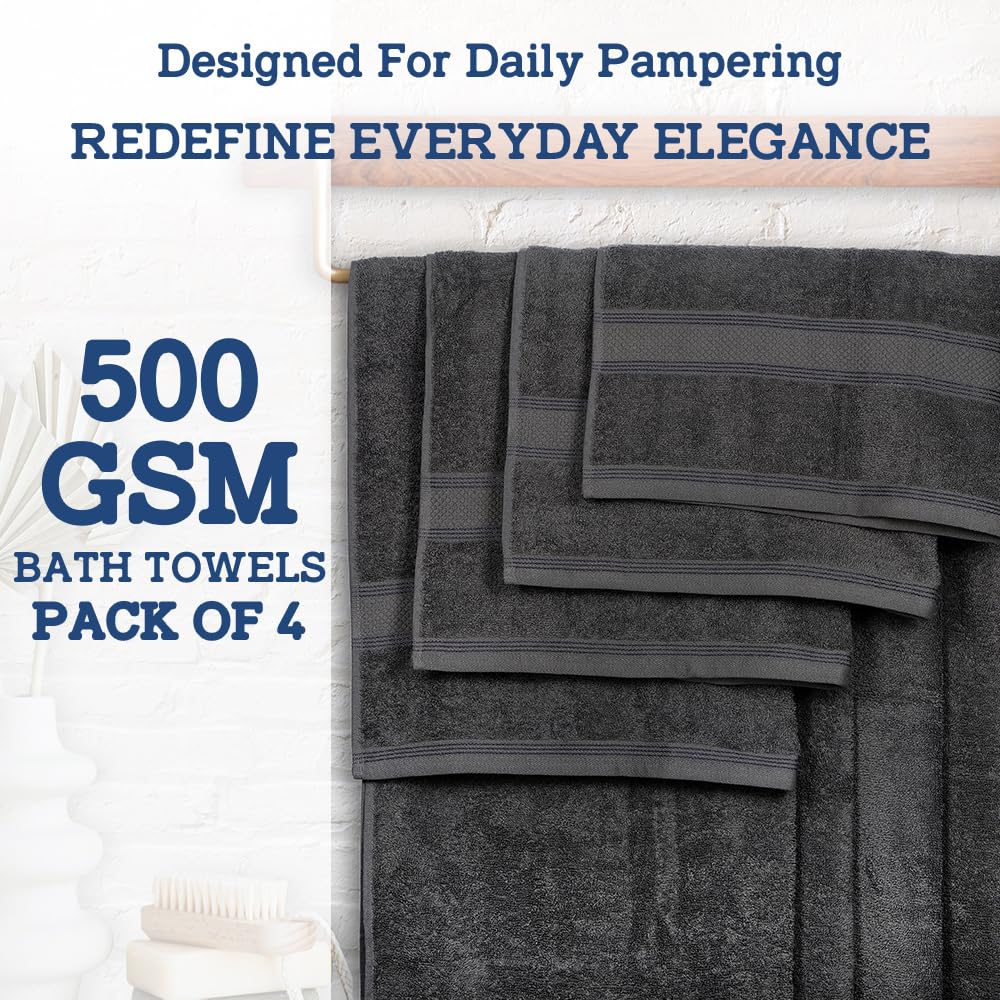Casa Lino 4 Pack Bath Towels (27x54), 100% Pure Cotton, Luxury Bath Towels, Lightweight & Highly Absorbent, Quick Drying Towels for Bathroom, for Daily Use Bathroom, Charcoal