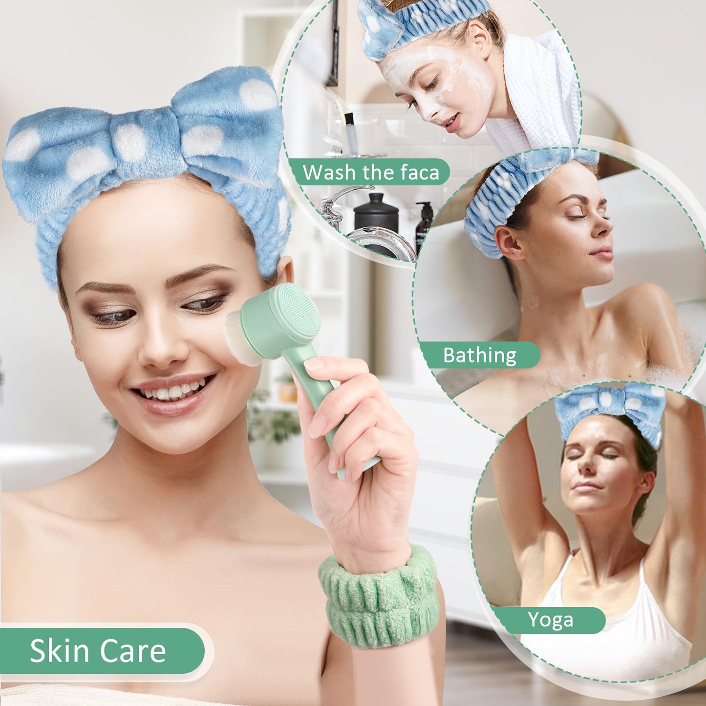 Beomeen Facial Cleansing Brush 2 in 1, Silicone Face Scrubber Dual Face Brush for Deep Pore Cleansing and Exfoliating, Skincare Headband and Wristbands Set for Washing Face, Massaging Spa Makeup, Cyan