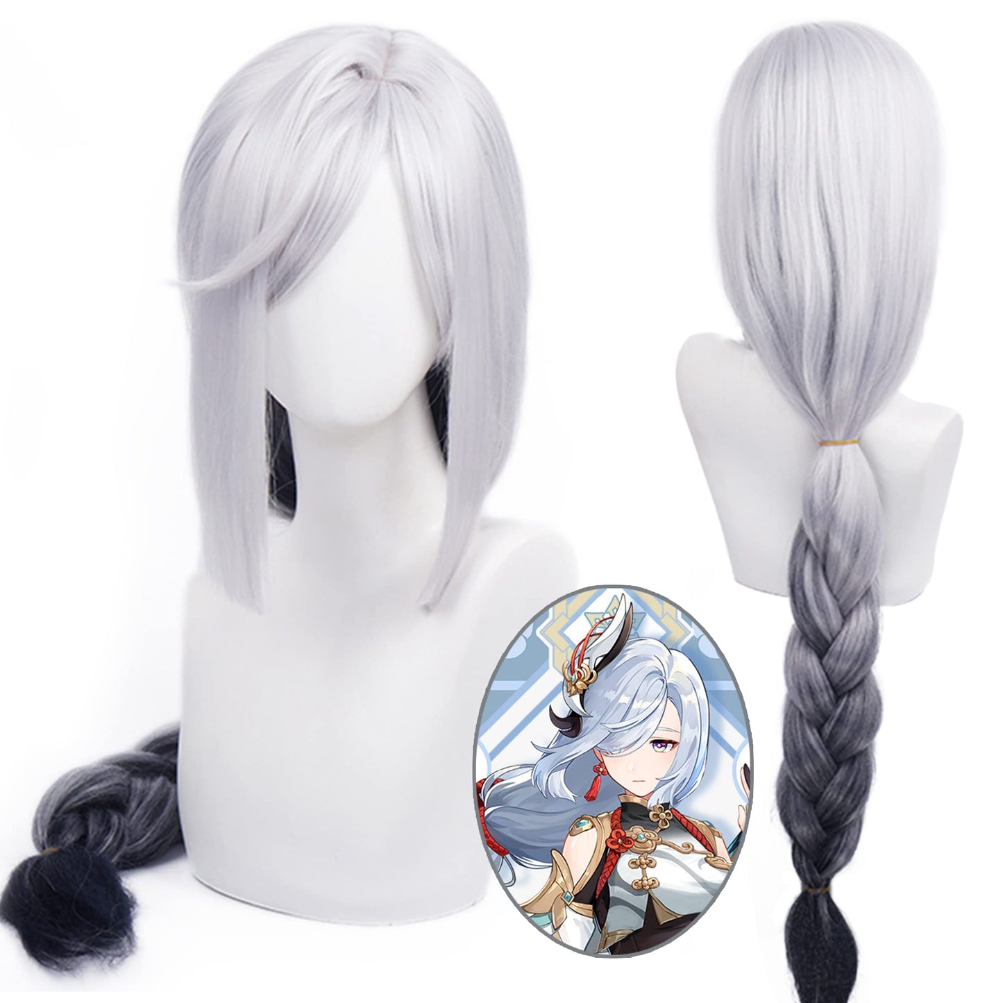 Long Silver Anime Wig Genshin Impact Shen He Cosplay Wig with Free Wig Cap for Comic Con, Cosplay show, Halloween