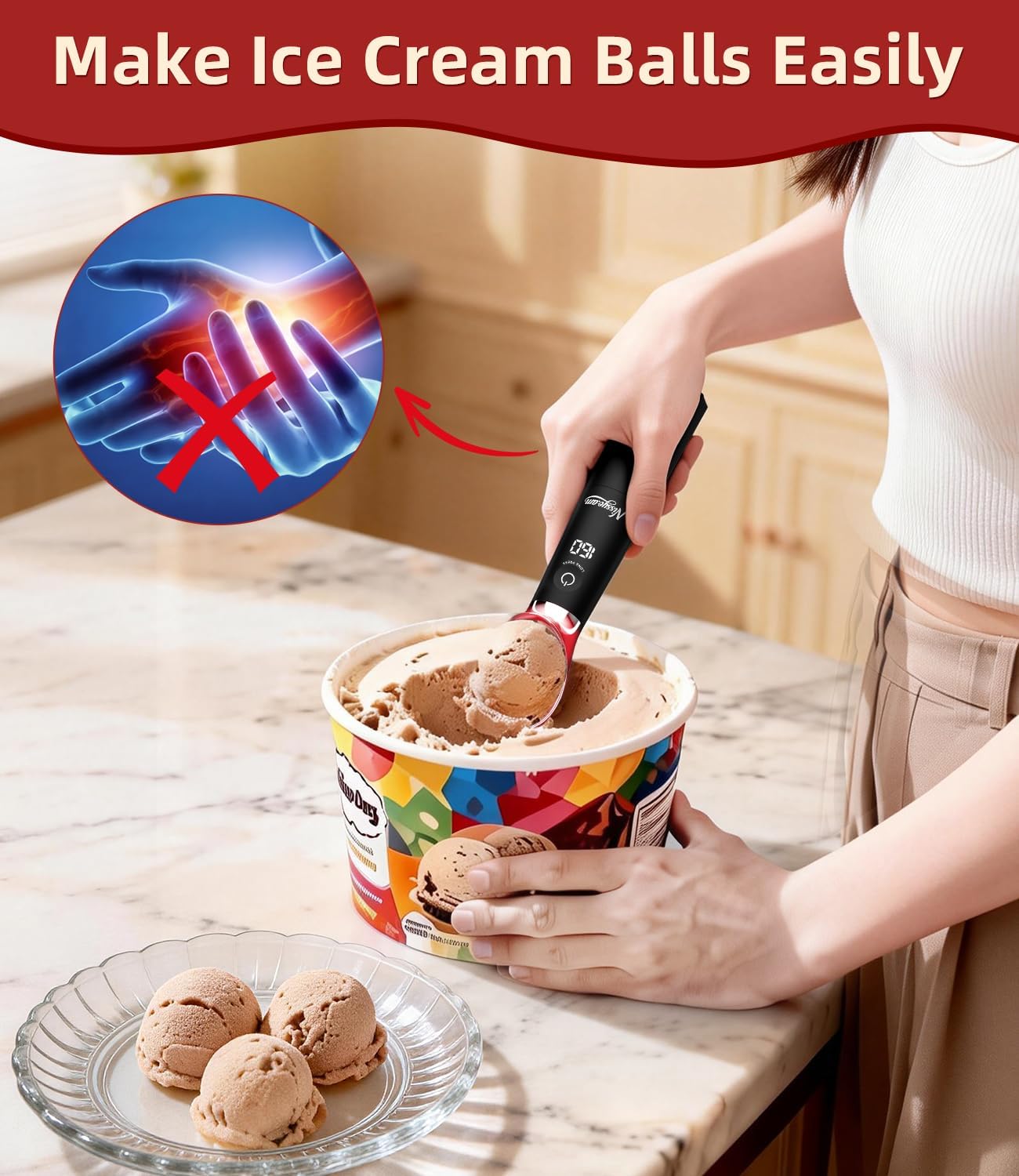 Skiennix Heated Ice Cream Scoop - Rechargeable Electric Scooper with Removable Battery & Drip-Proof Stand | IP68 Waterproof, Food-Grade Metal