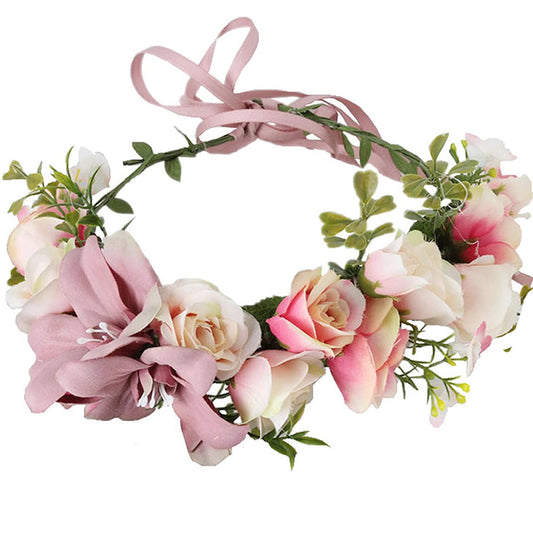 YnimioAOX Handmade Adjustable Flower Wreath Headband Halo Floral Crown Garland Headpiece,A13-soft pink