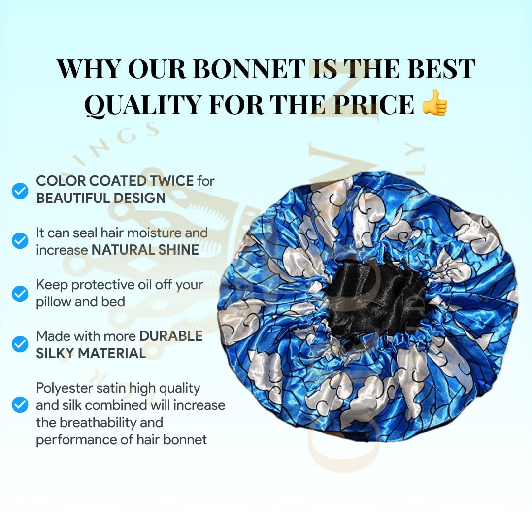 Large Bonnet - Silky Satin Bonnet with Elastic Soft Band (Blue White Water Clouds)