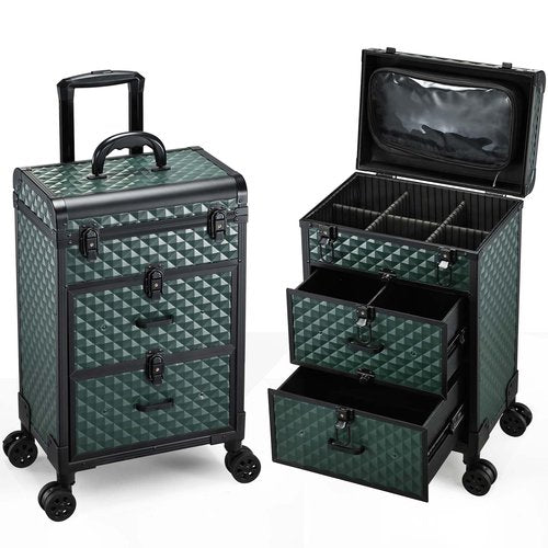 Adazzo Professional Rolling Makeup Train Case with Drawers, Makeup Case on Wheels, Nail Tech Rolling Cart Storage Organizer Trolley Make up Case for Travel Makeup/Nail Art/Hair Styling, Dark Green