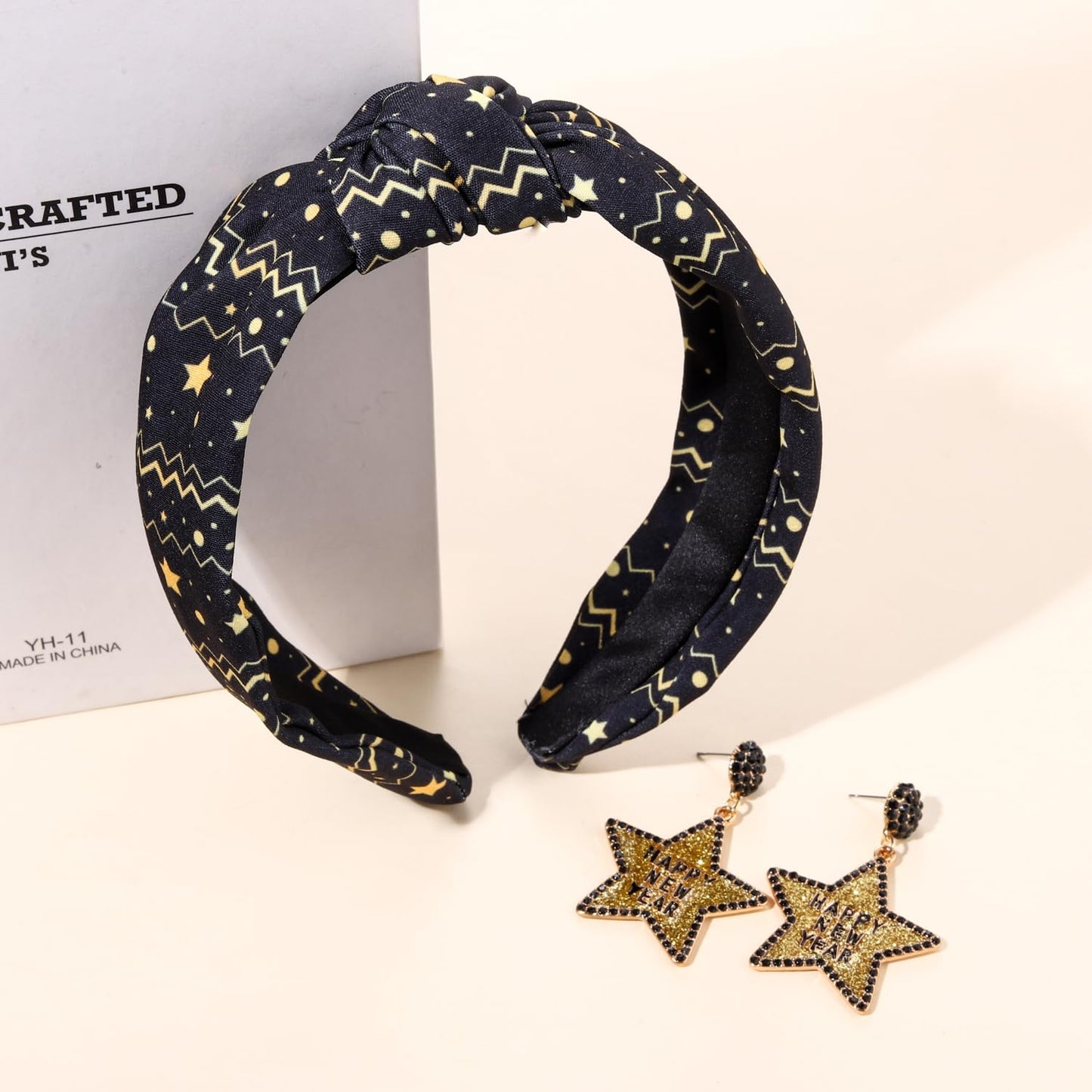 YAHPERN New Year’s Eve Headbands for Women Happy New Year Headband Printed Clock Top Hat Star Headband Holiday Knotted Headband New Year’s Eve Hair Accessories Party Favors Gifts (New Year Star)