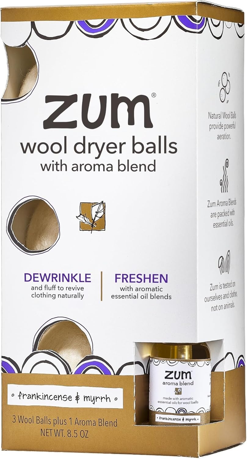 Zum Indigo Wild Wool Laundry Dryer Balls Kit - Reusable Drying Balls with Frankincense & Myrrh Aroma | 3 Balls & Essential Oil Spray