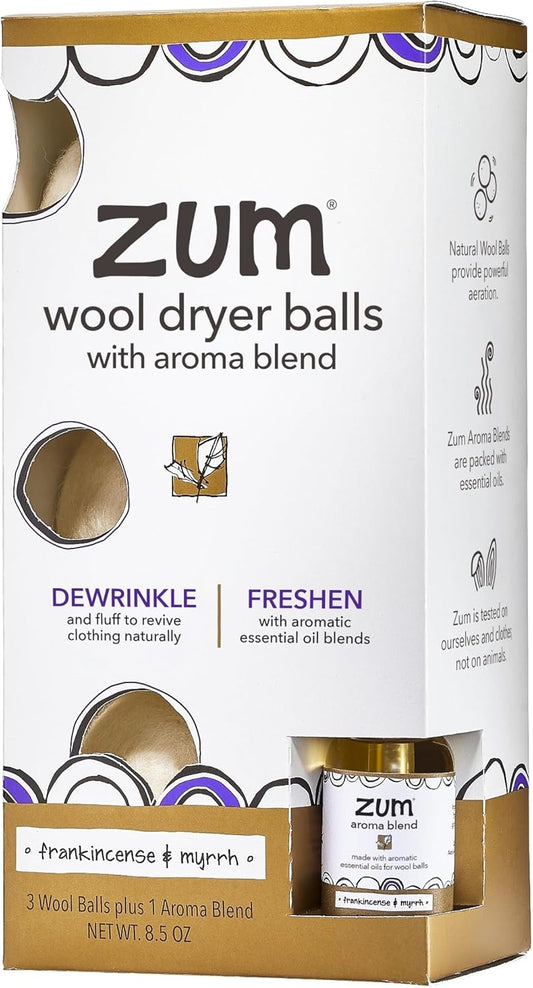 Zum Indigo Wild Wool Laundry Dryer Balls Kit - Reusable Drying Balls with Frankincense & Myrrh Aroma | 3 Balls & Essential Oil Spray