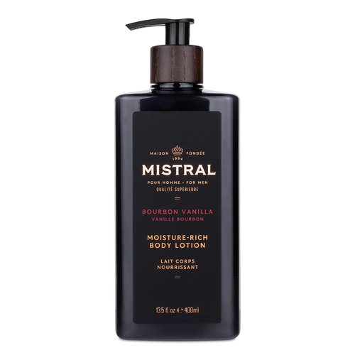 Mistral Bourbon Vanilla Body Lotion for Men - Moisture-Rich, Fast-Absorbing Cream with Shea Oil & Squalane | Paraben-Free, Masculine Scent - 13.5 fl oz