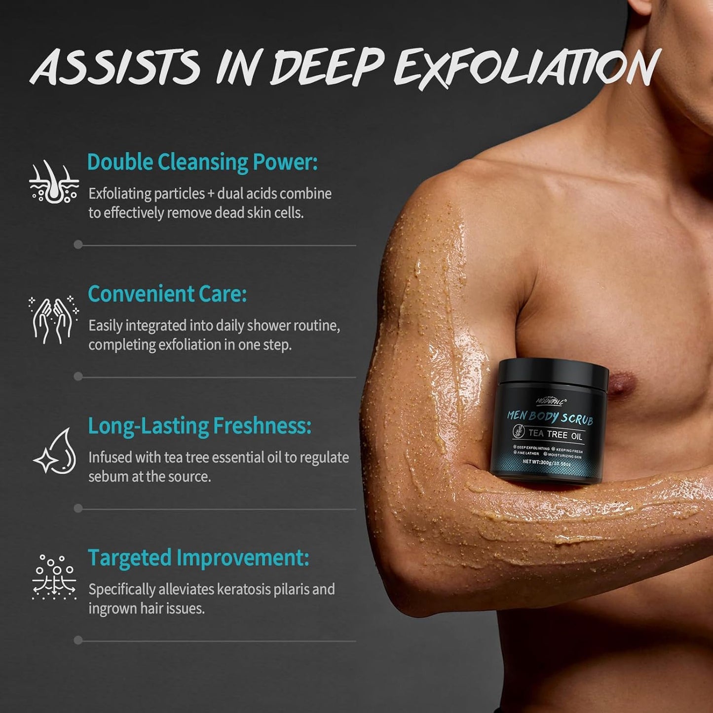 Skiennix Men's Body Scrub - Exfoliating Tea Tree Oil Formula for Smooth Skin | 10% AHA, 2% BHA