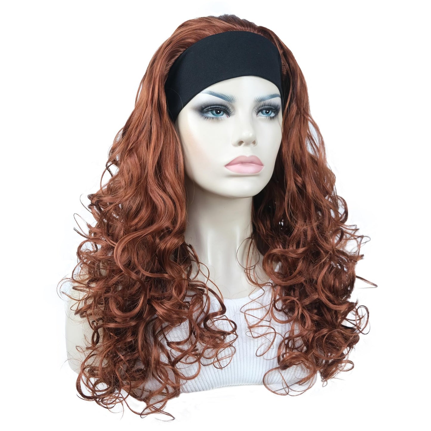 Aimole Long 22" Curly 3/4 Women Wigs With Headband Soft Layered Wig Heat Resisting Fiber Synthetic Hair (130 Copper Red)