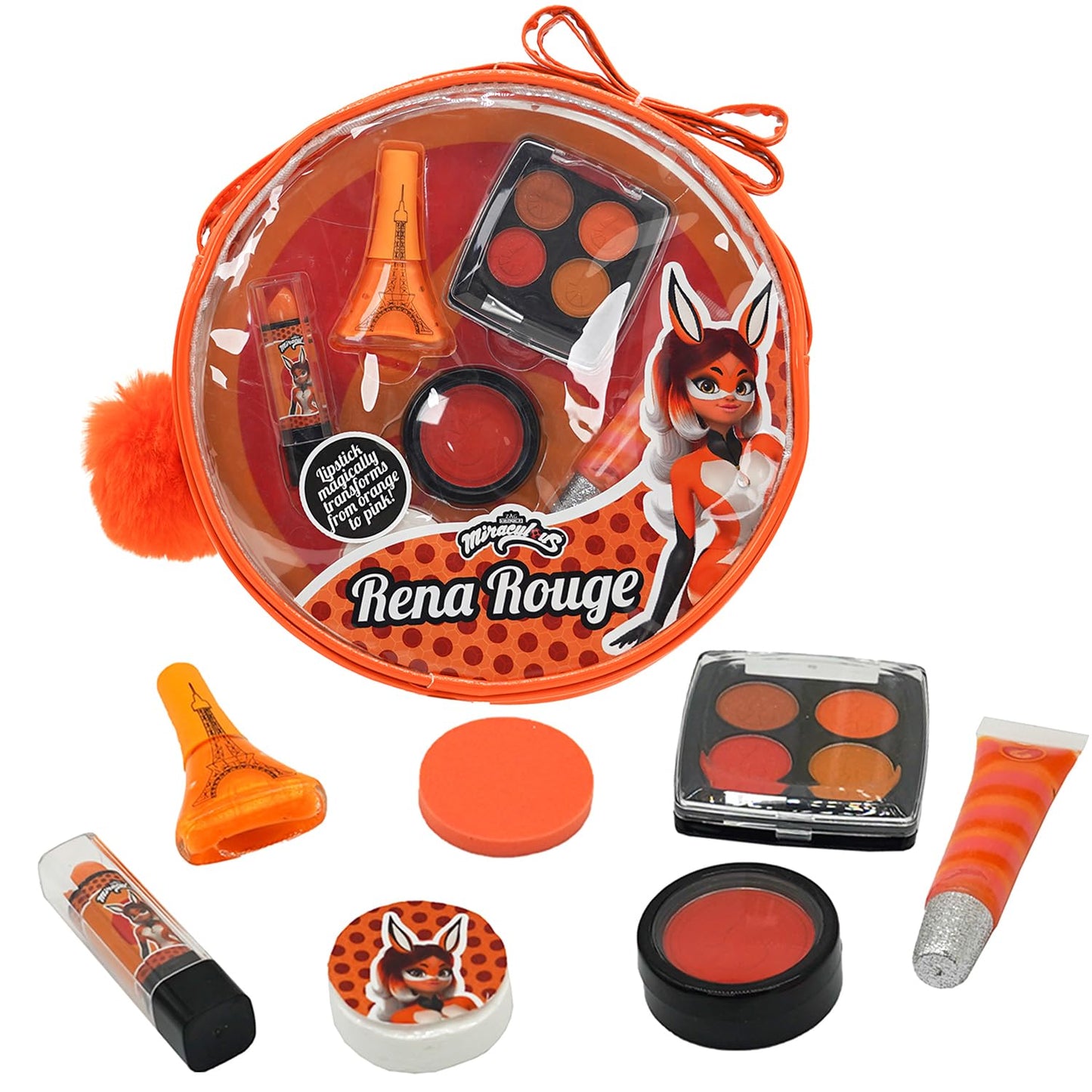Miraculous Ladybug, 10-in-1 Rena Rouge Kids Makeup Set with Nail Polish, Lipstick, Pressed Powder Palette, Lip Gloss, Hair Chalk, Make-up Sponge, Compressed Towel, Sticker and Pom-pom (Wyncor)