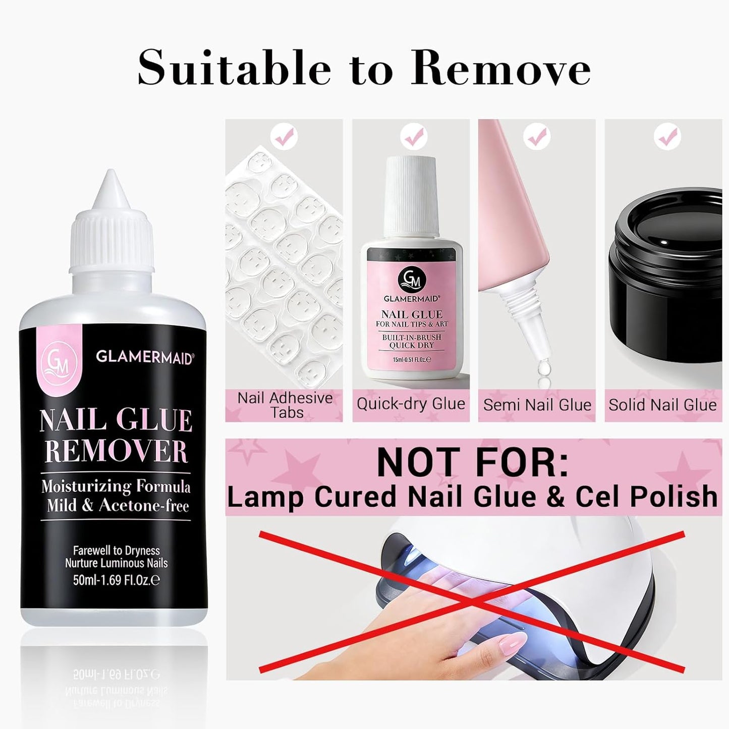 GLAMERMAID 50 ml Pinpoint Nail Glue Remover for Press on Nails Non-Acetone with 3 Orangewood Sticks, Multifunctional Gentle Glue Remover for Nails Tips Acrylic Nails Fake Nails