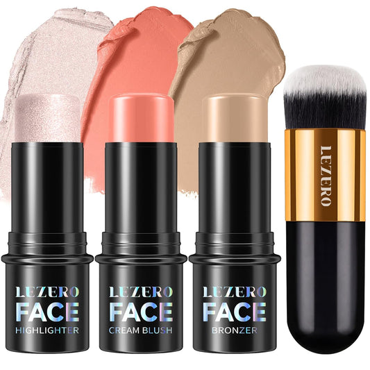 Lezero 3Pcs Contour Stick Makeup Kit, Shades with Highlighter, Blush and Bronzer Stick for Sculpt the Face and All Skin Type, Long Lasting, Smooth, Dewy & Matte Finish, LIGHT
