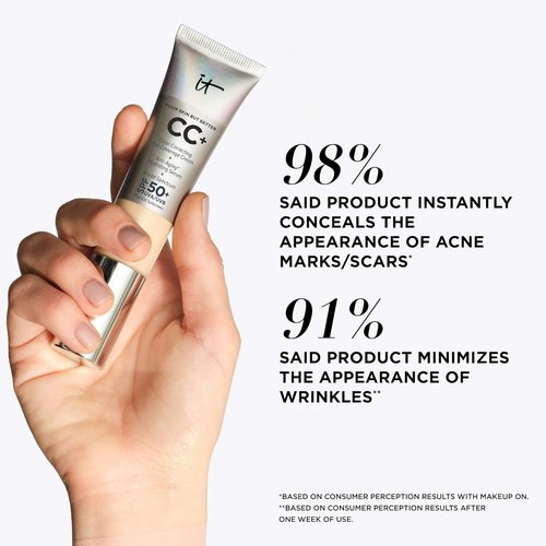 IT Cosmetics CC+ Cream - Full Coverage Foundation with SPF 50+ | Natural Finish, Neutral Tan (1.08 fl oz) & Concealer Brush #7 for Flawless Blending