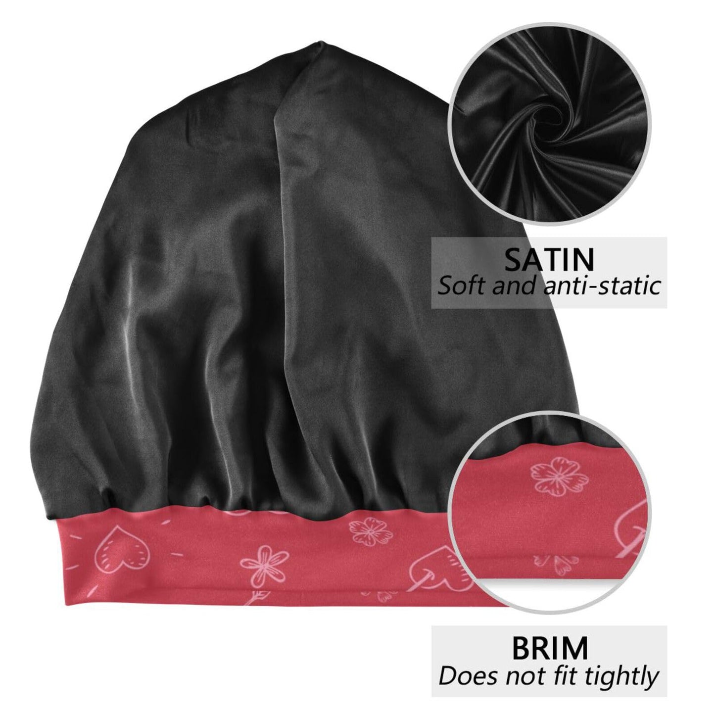 ElliTarr Beanie Hat Satin Bonnet Lined Sleep Cap Hair Wrap Cover Slouchy Beanie for Curly Hair Protection for Gifts for Men Women Valentines Day Heart Floral Red