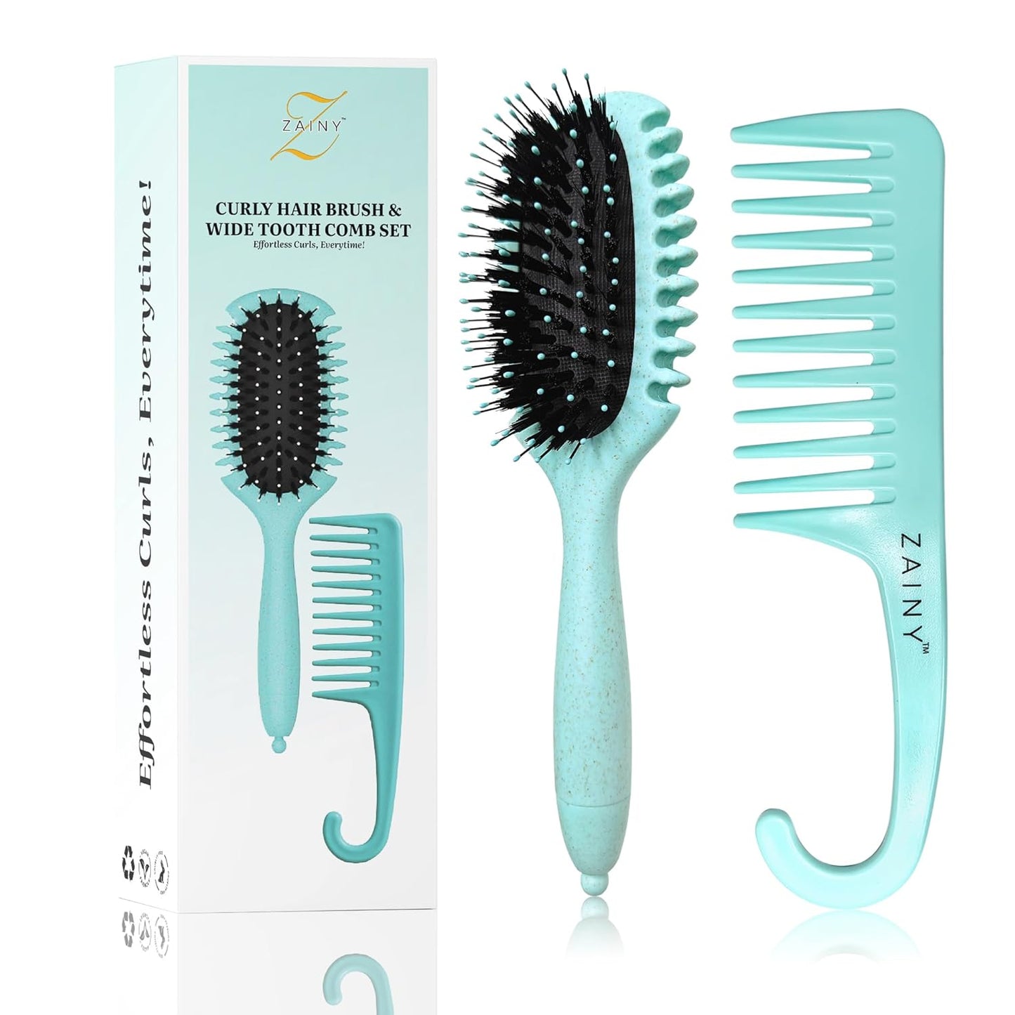ZAINY Curl Defining Brush Set - 2PC Wide Tooth Comb & Detangler for Curly Hair | Ideal for Women, Kids & Men
