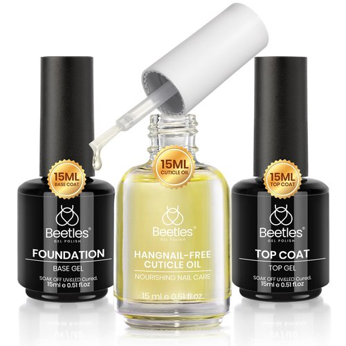 Beetles Gel Top Coat Base Coat Cuticle Oil Set, 3Pcs 15ml No Wipe Top Coat Gel Nail Polish Glossy Shine Long Lasting Cuticle Protectors Kit Oil Care for Dry Damaged Cuticles Gift for Women