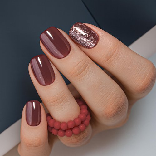 Curvlife 30pcs Press on Nails, Short Square Acrylic Fake Nails with Wine Red Glitte Apricot Design Full Cover False Glossy Nude Artificial for Women