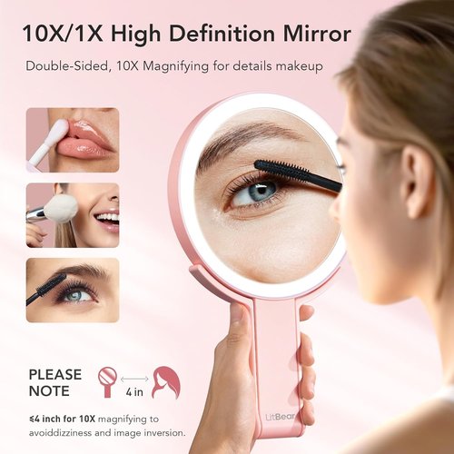 LitBear Travel Makeup Mirror - Rechargeable Double-Sided 10X/1X Magnifying Mirror | Portable Lighted Beauty Mirror with Dimmable Touch Screen (Pink)