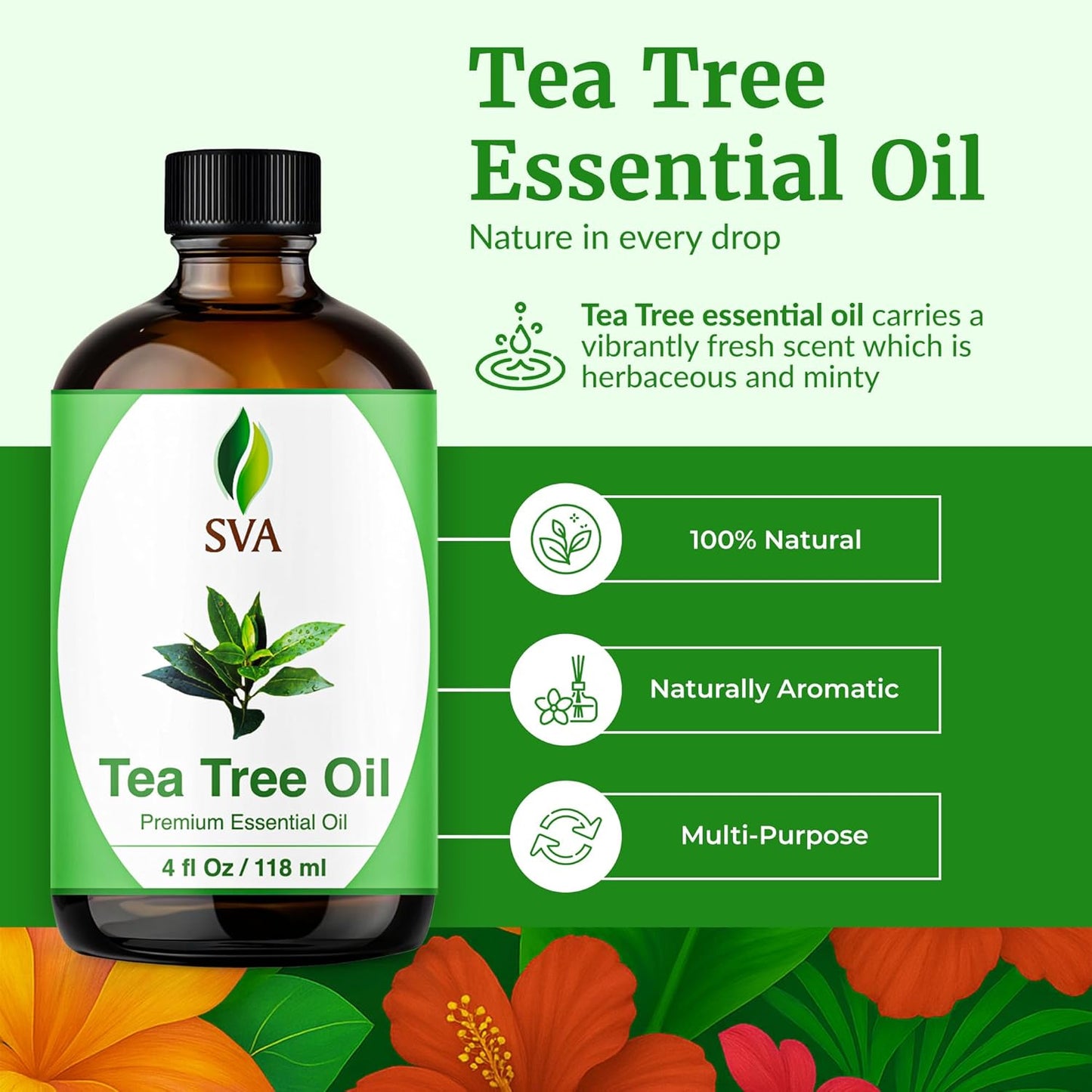 SVA Tea Tree Essential Oil - 100% Natural 4 Fl Oz for Hair, Skin Care, Aromatherapy & Massage