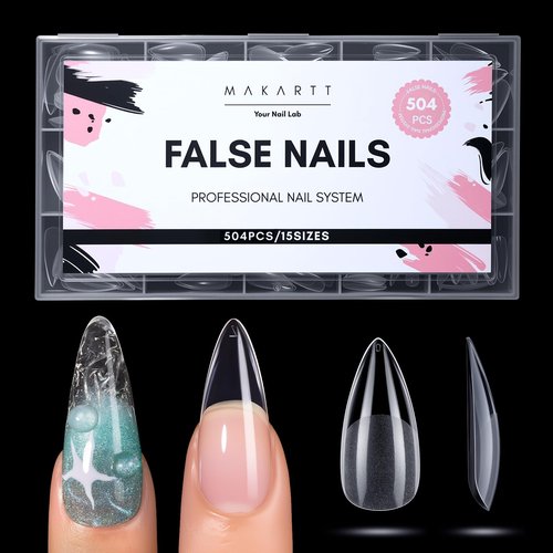 Makartt Medium Stiletto Almond Nail Tips: 504 PCS Pre-Etched Clear False Nails Tips Almond Shapes, 15 Sizes Full Cover Half Matte Soft Acrylic Press On Nail Extensions Supplies Salon and DIY at Home