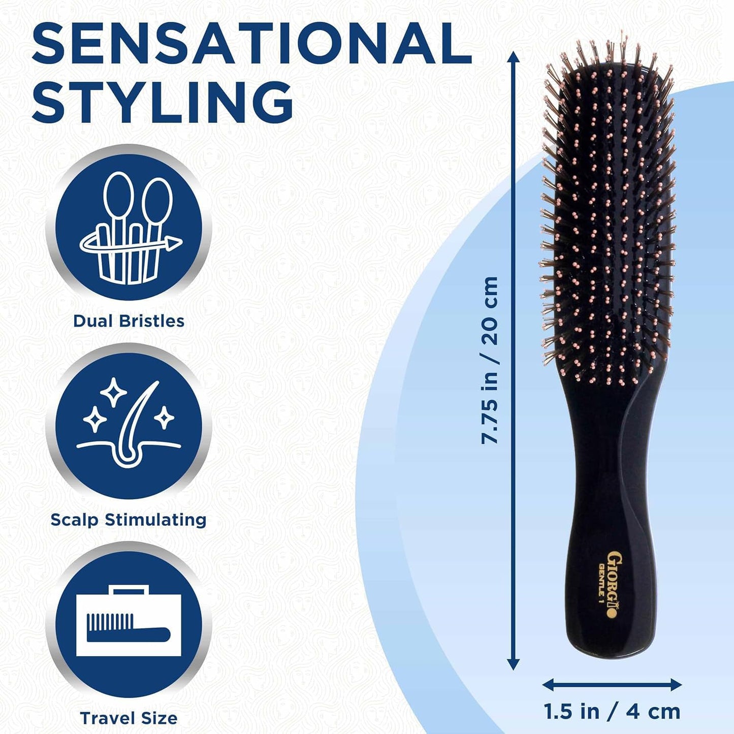 Giorgio Gentle Black Hair Brush - 7.75 Inch Detangler for Men, Women & Kids | Soft Bristles for Sensitive Scalp