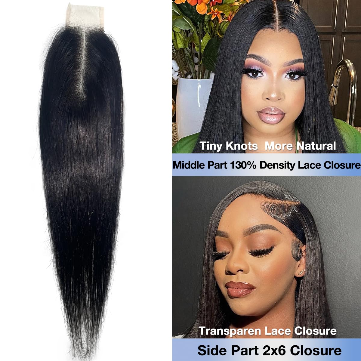 myshow 2x6 Lace Closure Straight Virgin Human Hair 100% Hand Tied HD Transparent Lace Closure Long Deep Parting Human Hair Closure Natural Black Color Kim K Middle Part Closure 16 Inch
