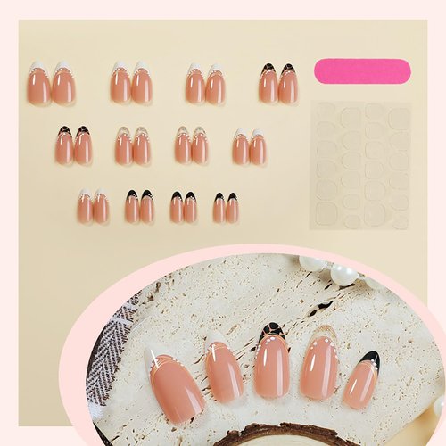 LOPMNGHT French Tip Press on Nails Almond Shaped Gold Glitter Powder Design Acrylic Nails Leopard French Stick on Nails Medium Charm Nails Press Ons Glossy Glue on Nails for Women 24Pcs Manicure Kit