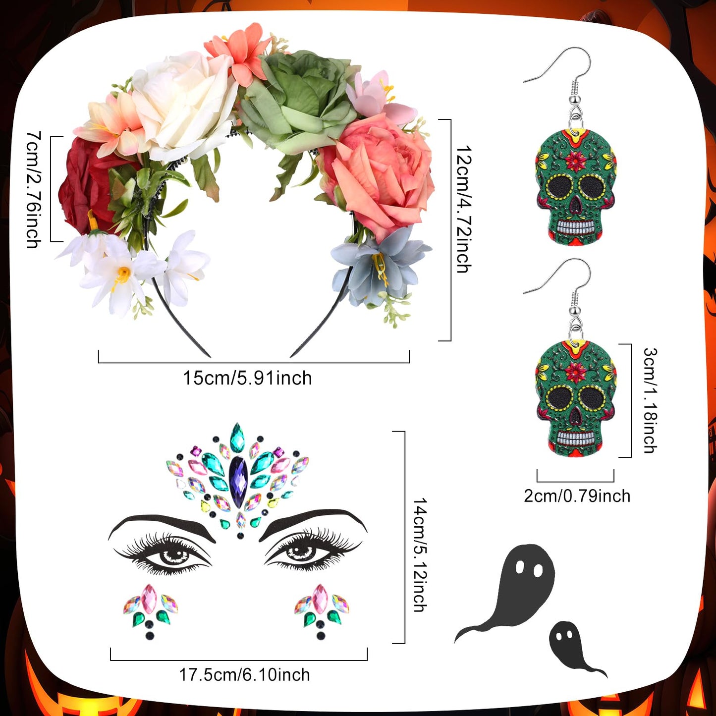 Riceshoot 3 Pcs Day of the Dead Costumes Accessories for Women Halloween Headbands Skull Earrings Gems(Colorful Hue)