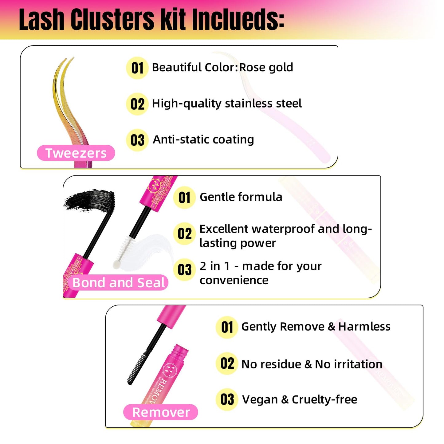 Lash Extension Kit DIY Cluster Lashes Kit with 72 Pcs D Curl Cluster Lashes Wispy Eyelash Bond and Seal Lashes Remover and Eyelash Applicator for Beginner at Home by W(Baby Kit-D-10-16MM)