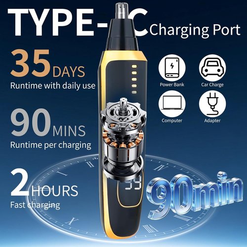 Nose and Ear Hair Trimmer for Women Men,2 in 1 LED Display Eyebrow Hair Trimmer with USB Rechargeable,Portble Waterproof Facial Hair Removal with Dual-Edge Blades for Travel (Black Gold)