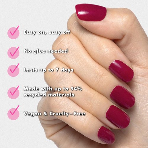 Olive & June Press-On Nails - Classic Super Stick | No Glue Needed | 32 Tabs in 16 Sizes | Non-Toxic, Easy On-Off, Realistic Look | Extra Short, Squoval | Mulberry Maroon