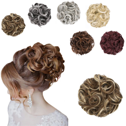 Elaine Big Messy Bun Extension Curly Hair Buns Hair Pieces for Women Synthetic Wavy Large Scrunchies Thick Updo Ponytail (Ash Blonde & Medium Golden Brown Mixed -#60)