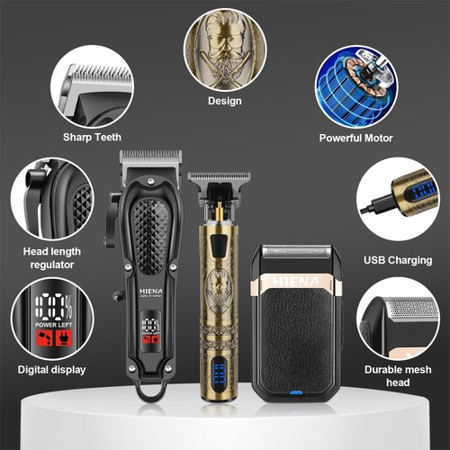 HIENA PRO Hair Clippers for Men - Cordless 3-in-1 Hair Cutting Kit with LED Display & Foil Shaver